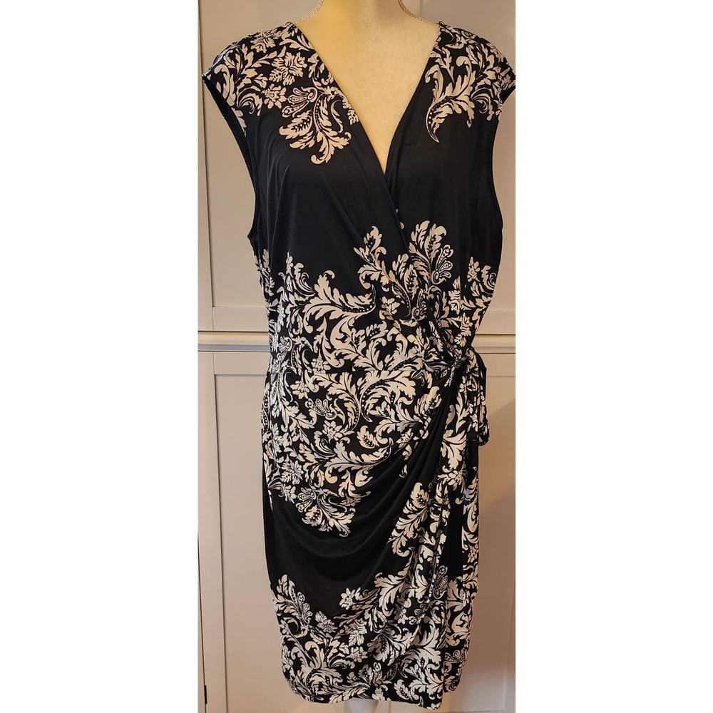 Inc International Concepts Faux Wrap Black White V-Neck Midi Dress Size XXL